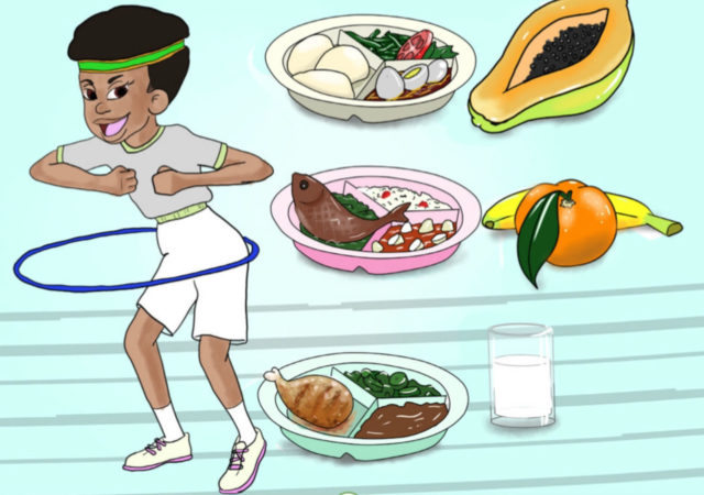 撒哈拉以南非洲粮食是战胜饥饿和营养不良的教学青年有关营养方面的知识,通过漫画书的故事中。